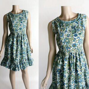 Vintage 1960s Floral Print Cotton Dress Ruffle Hem Blue Green 60s Small XS